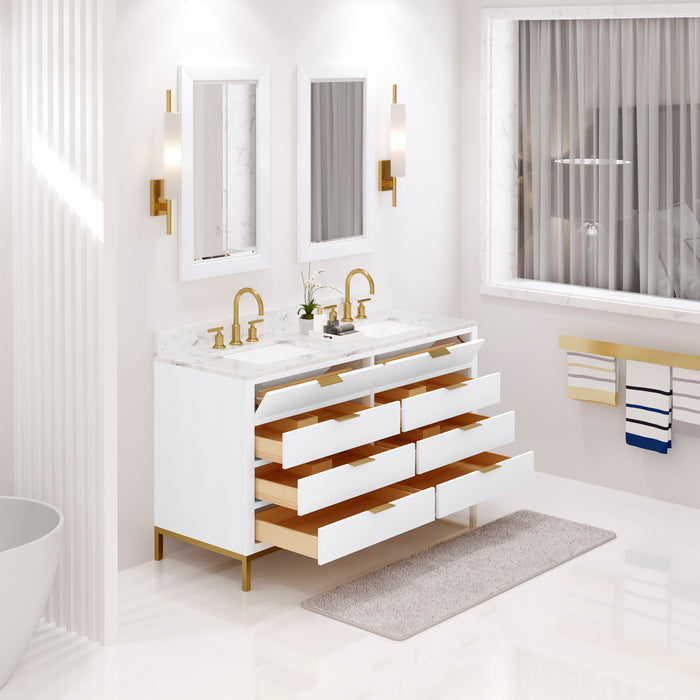 60-Inch Jasper Pure White Double Sink Bath Vanity Carrara Marble Top Gold Gooseneck Faucets