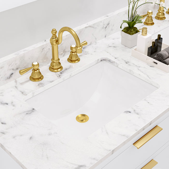60 Inch Jett Double Sink Bathroom Vanity Carrara White Marble Top Pure White Cabinet Satin Gold Faucets
