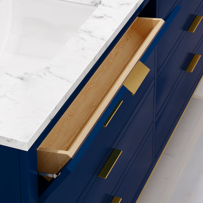 72 Inch Lagoon Monarch Blue Bathroom Vanity Carrara Marble Countertop Double Sink Gold Faucets