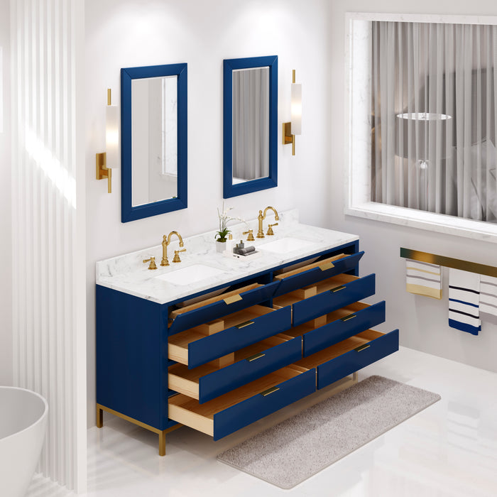 72 Inch Lagoon Monarch Blue Bathroom Vanity Carrara Marble Countertop Double Sink Gold Faucets
