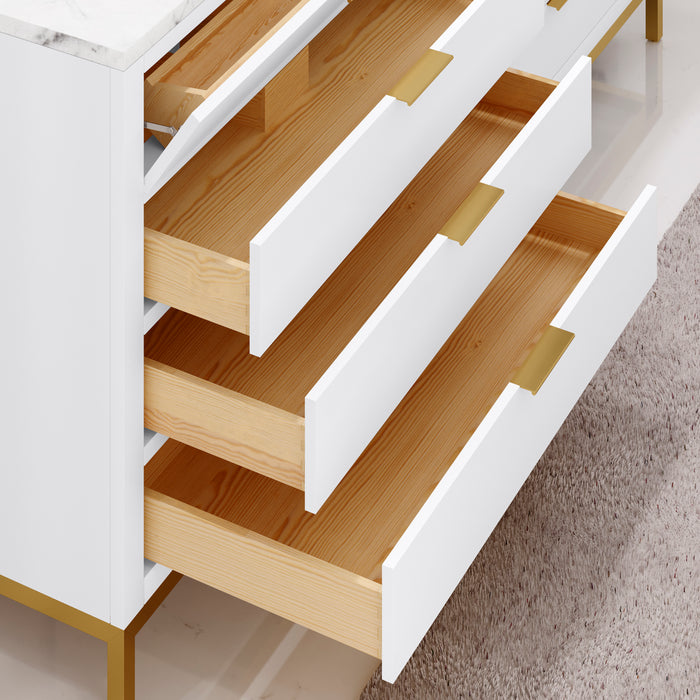 72 Inch Ledge Carrara White Marble Double Vanity - Pure White Modern Bathroom Cabinet with Satin Gold Faucets & Mirrors