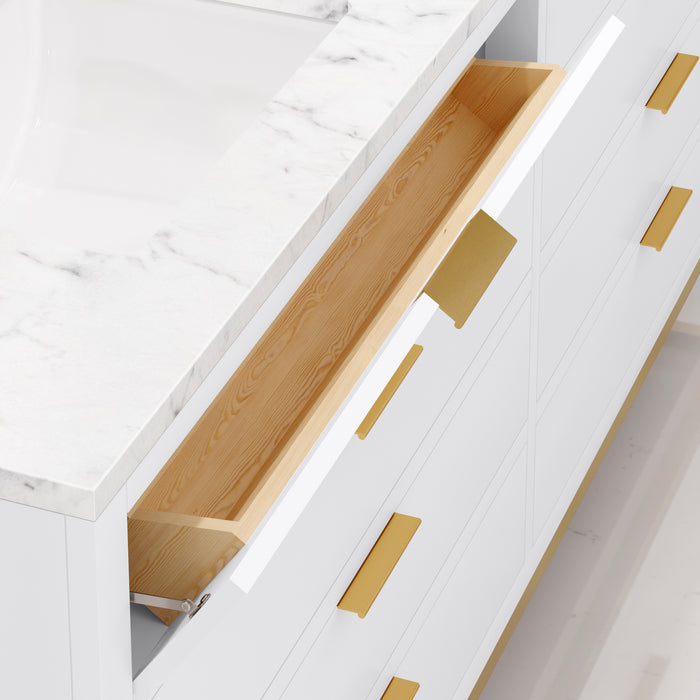 72 Inch Ledge Carrara White Marble Double Vanity - Pure White Modern Bathroom Cabinet with Satin Gold Faucets & Mirrors