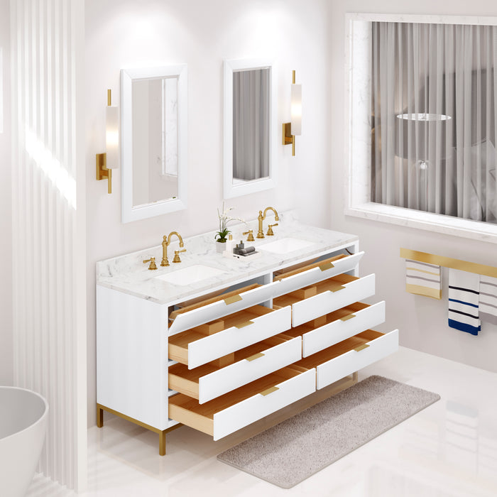 Lento 72" Double Sink Carrara White Marble Vanity - Pure White Modern Bathroom Cabinet with Satin Gold Hardware