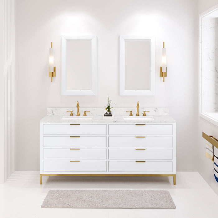 Lento 72" Double Sink Carrara White Marble Vanity - Pure White Modern Bathroom Cabinet with Satin Gold Hardware