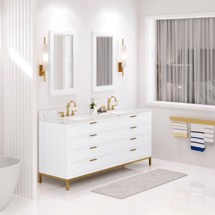 Lento 72" Double Sink Carrara White Marble Vanity - Pure White Modern Bathroom Cabinet with Satin Gold Hardware