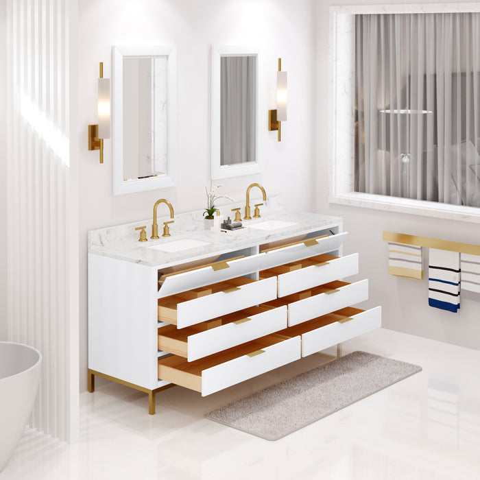 72 Inch Ledge Carrara White Marble Double Vanity - Pure White Modern Bathroom Cabinet with Satin Gold Faucets & Mirrors