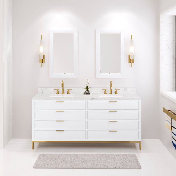 72 Inch Ledge Carrara White Marble Double Vanity - Pure White Modern Bathroom Cabinet with Satin Gold Faucets & Mirrors