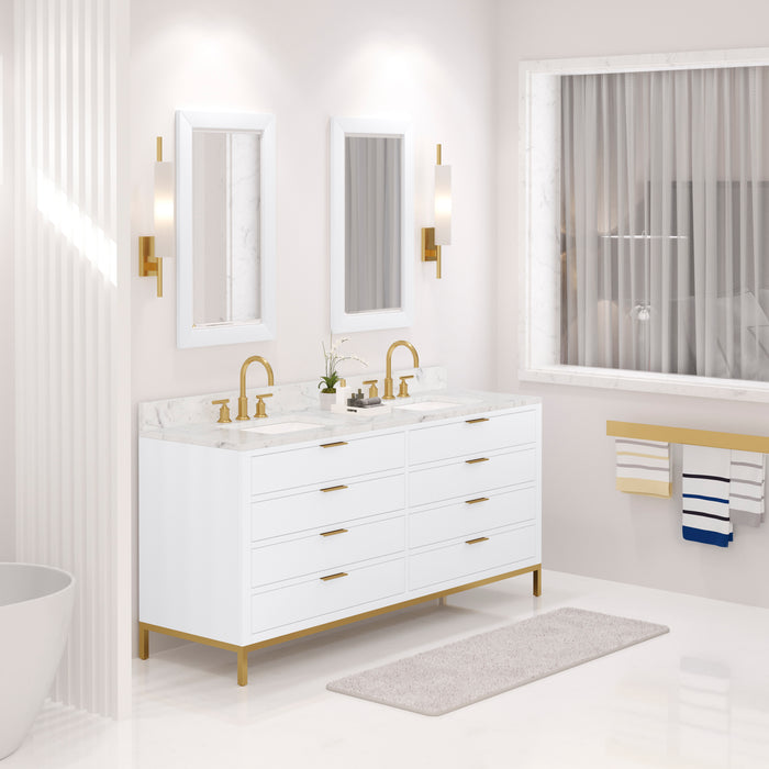 72 Inch Ledge Carrara White Marble Double Vanity - Pure White Modern Bathroom Cabinet with Satin Gold Faucets & Mirrors