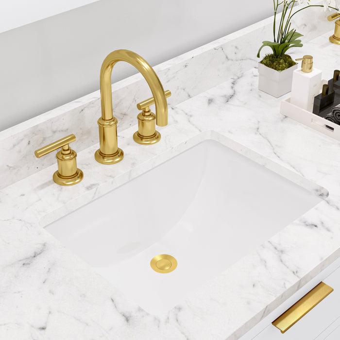 72 Inch Ledge Carrara White Marble Double Vanity - Pure White Modern Bathroom Cabinet with Satin Gold Faucets & Mirrors