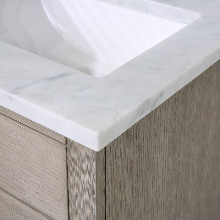 24 Inch Lyric Single Sink Grey Oak Vanity Mid-Century Modern White Marble Countertop with Mirror & Faucets