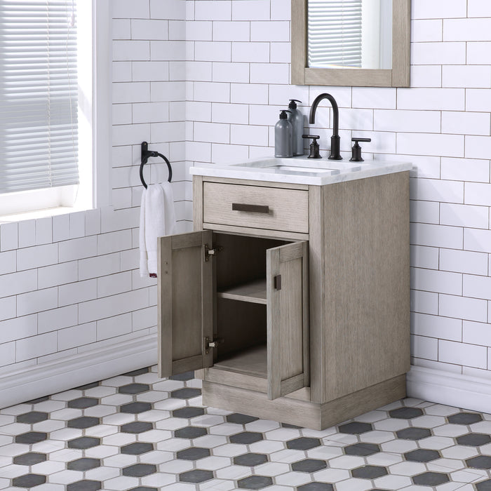 24 Inch Lyric Single Sink Grey Oak Vanity Mid-Century Modern White Marble Countertop with Mirror & Faucets