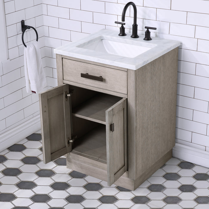 24 Inch Lyric Single Sink Grey Oak Vanity Mid-Century Modern White Marble Countertop with Mirror & Faucets