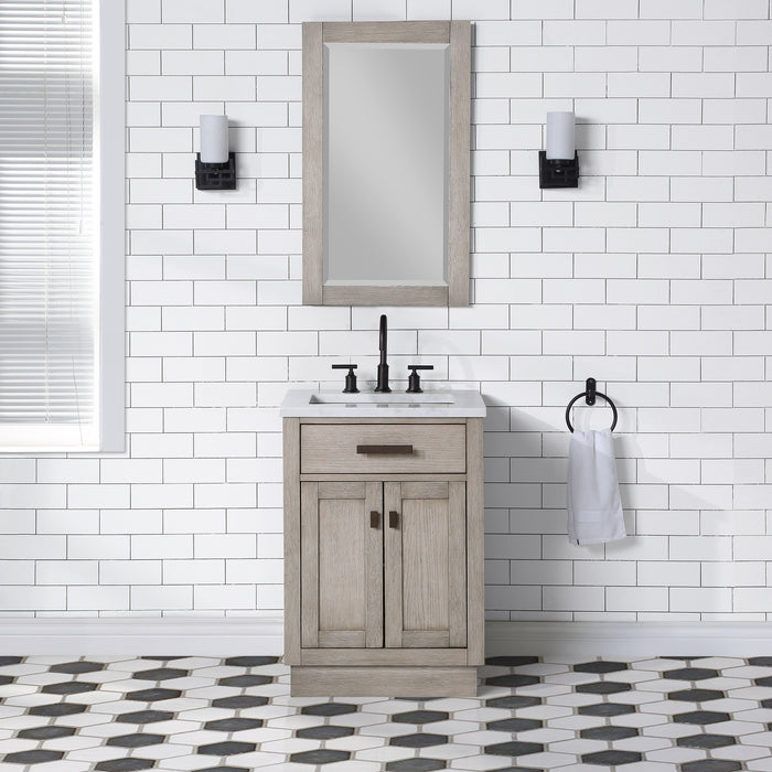 24 Inch Lyric Single Sink Grey Oak Vanity Mid-Century Modern White Marble Countertop with Mirror & Faucets