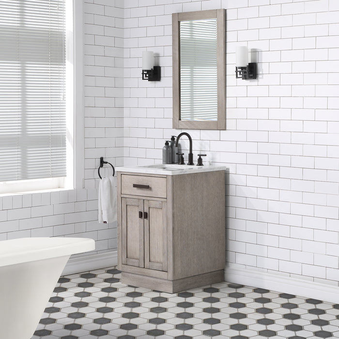 24 Inch Lyric Single Sink Grey Oak Vanity Mid-Century Modern White Marble Countertop with Mirror & Faucets