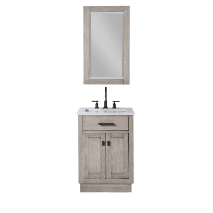 24 Inch Lyric Single Sink Grey Oak Vanity Mid-Century Modern White Marble Countertop with Mirror & Faucets