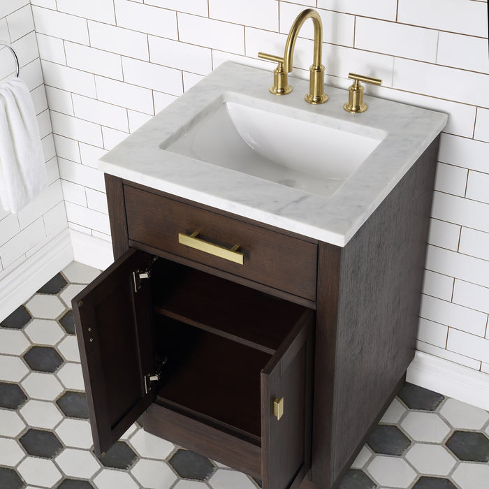 24" Single Sink Loft Bathroom Vanity Brown Oak Carrara White Marble Countertop with Rectangular Mirror and Gold Hardware