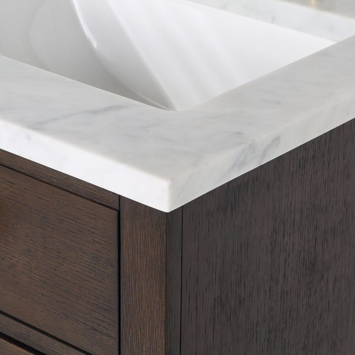 24" Single Sink Loft Bathroom Vanity Brown Oak Carrara White Marble Countertop with Rectangular Mirror and Gold Hardware
