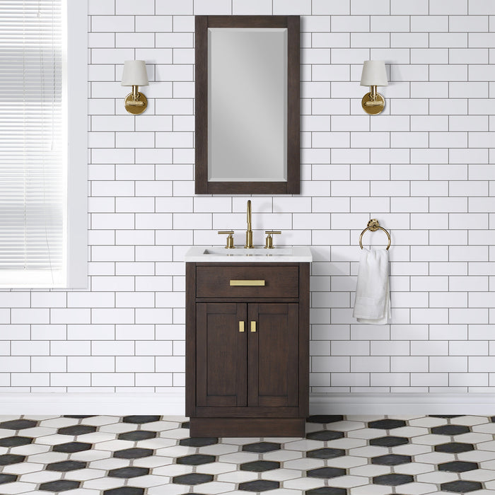 24" Single Sink Loft Bathroom Vanity Brown Oak Carrara White Marble Countertop with Rectangular Mirror and Gold Hardware