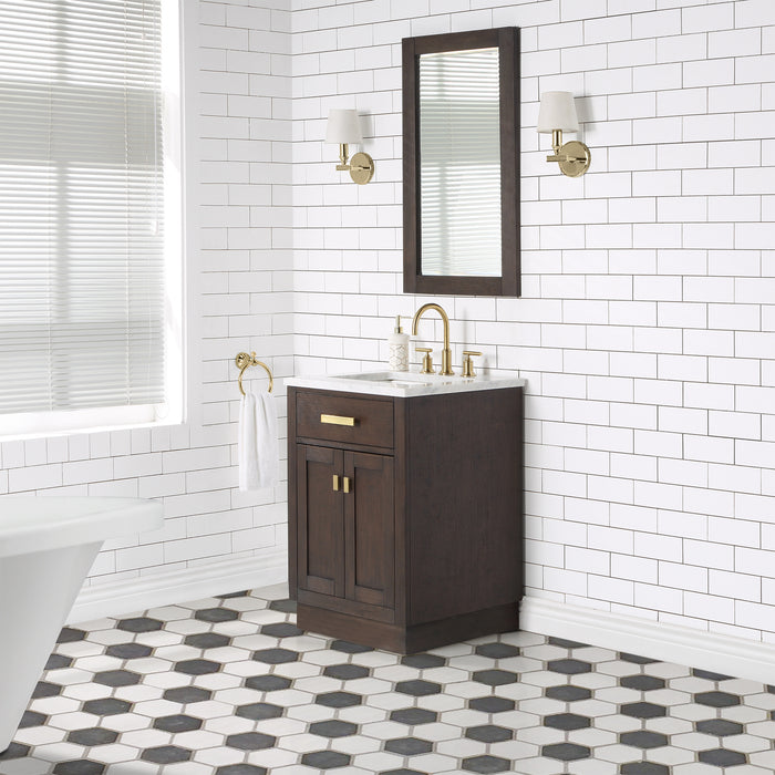 24" Single Sink Loft Bathroom Vanity Brown Oak Carrara White Marble Countertop with Rectangular Mirror and Gold Hardware