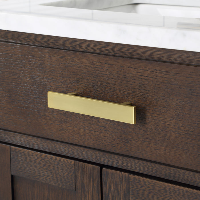 24" Single Sink Loft Bathroom Vanity Brown Oak Carrara White Marble Countertop with Rectangular Mirror and Gold Hardware