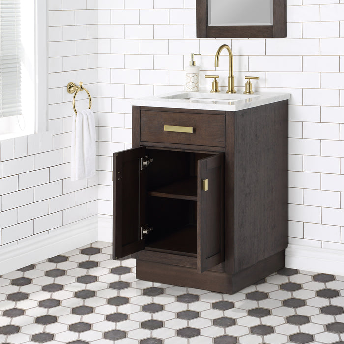 24" Lorna Brown Oak Bathroom Vanity with Marble Countertop, Gold Hardware & Mirror Set