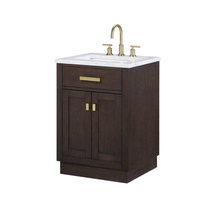 24-Inch Lirio Carrara White Marble Single Sink Bathroom Vanity in Brown Oak Mid-Century with Satin Gold Hardware