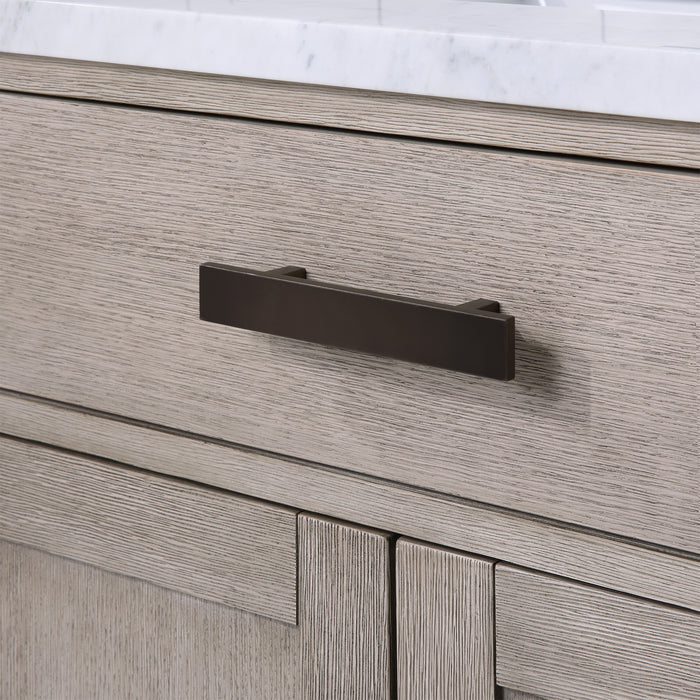 Muse 30 Inch Single Sink Bathroom Vanity Grey Oak Finish with Carrara Marble Oil Rubbed Bronze Hardware and Mirror