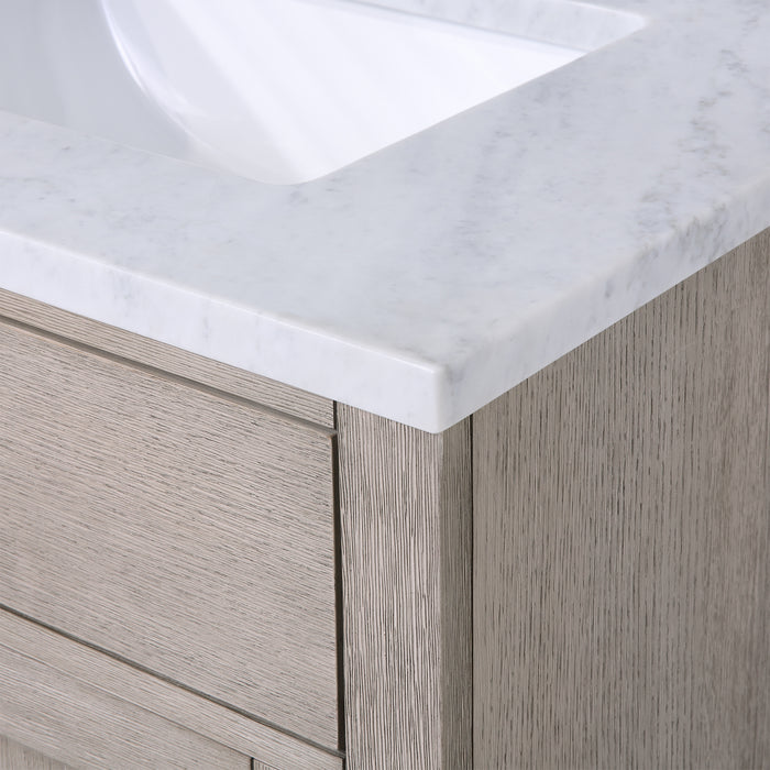 Muse 30 Inch Single Sink Bathroom Vanity Grey Oak Finish with Carrara Marble Oil Rubbed Bronze Hardware and Mirror