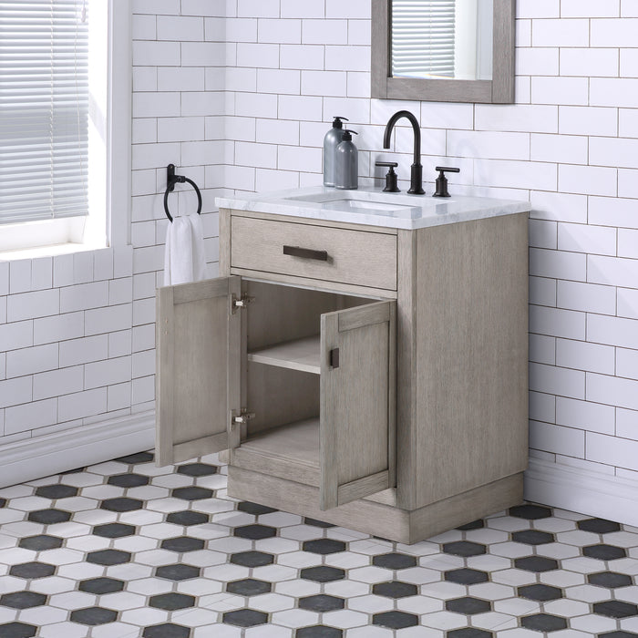 Muse 30 Inch Single Sink Bathroom Vanity Grey Oak Finish with Carrara Marble Oil Rubbed Bronze Hardware and Mirror