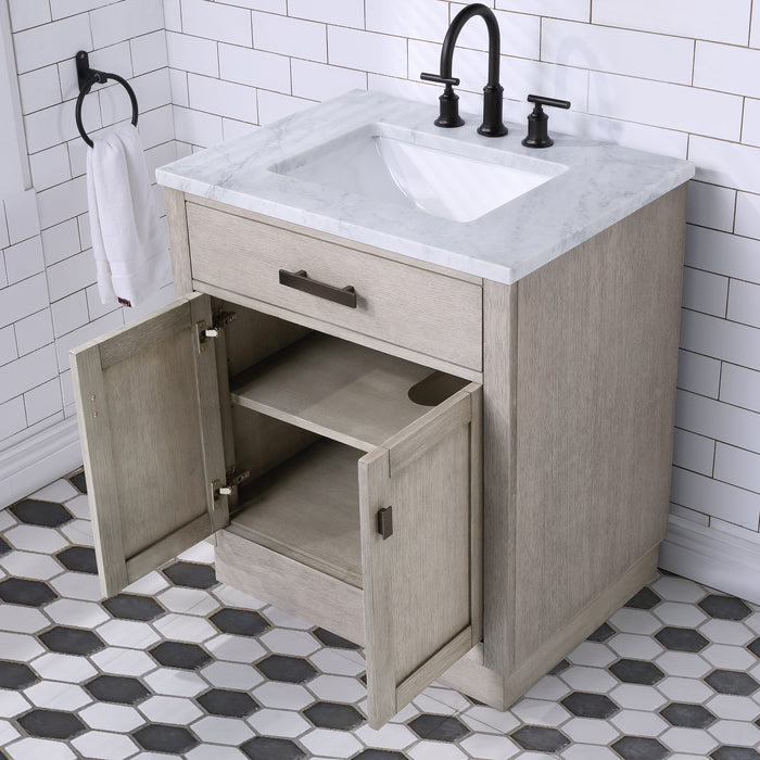 Muse 30 Inch Single Sink Bathroom Vanity Grey Oak Finish with Carrara Marble Oil Rubbed Bronze Hardware and Mirror