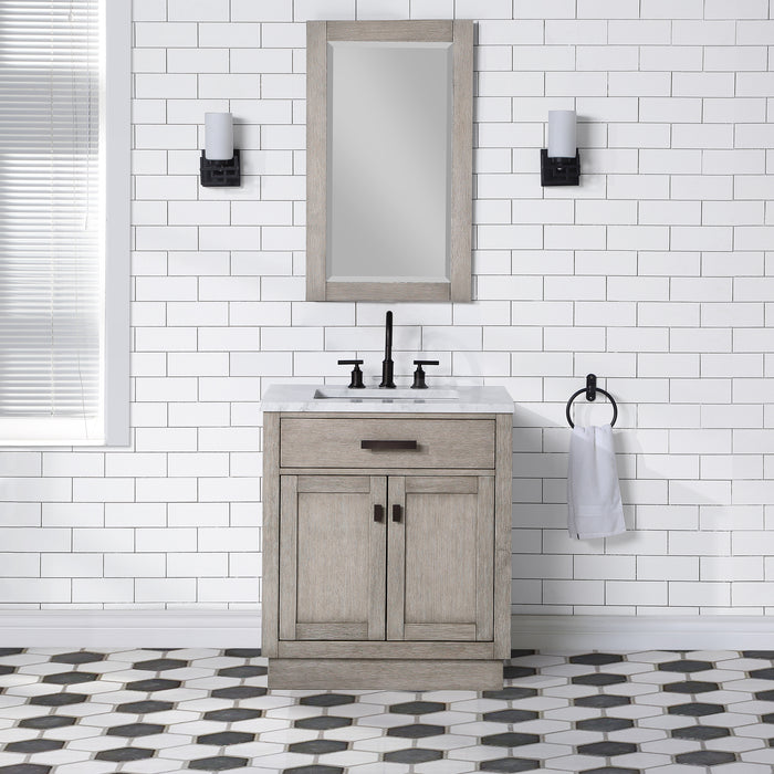 Muse 30 Inch Single Sink Bathroom Vanity Grey Oak Finish with Carrara Marble Oil Rubbed Bronze Hardware and Mirror