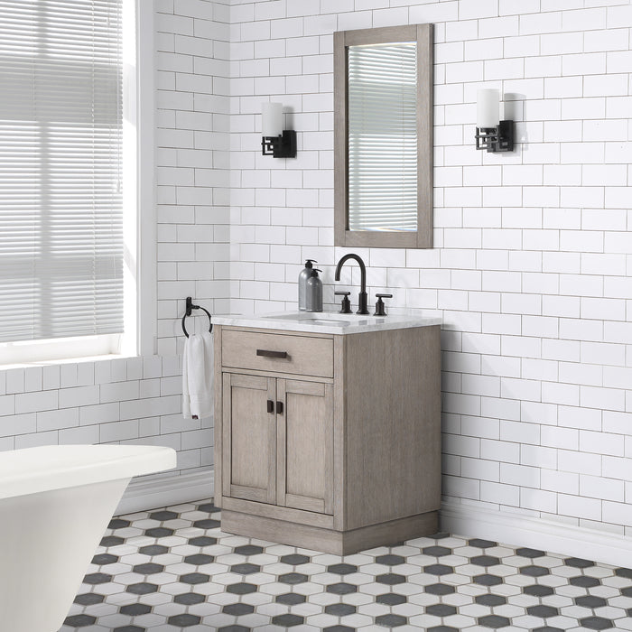 30 Inch Modena Solid Wood Bathroom Vanity in Grey Oak with White Marble Top & Bronze Hardware