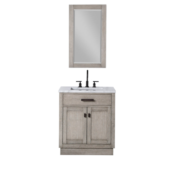 Muse 30 Inch Single Sink Bathroom Vanity Grey Oak Finish with Carrara Marble Oil Rubbed Bronze Hardware and Mirror