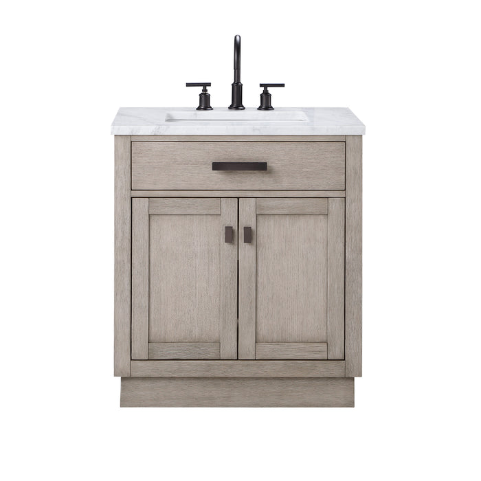 30 Inch Modena Solid Wood Bathroom Vanity in Grey Oak with White Marble Top & Bronze Hardware