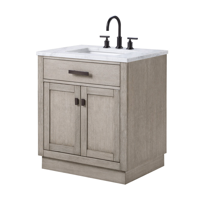 30 Inch Modena Solid Wood Bathroom Vanity in Grey Oak with White Marble Top & Bronze Hardware