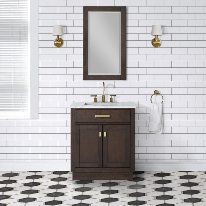 Brown Oak 30 Inch Meadow Single Sink Vanity with Carrara Marble Countertop & Gooseneck Faucet