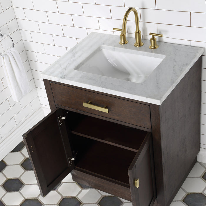 Brown Oak 30 Inch Meadow Single Sink Vanity with Carrara Marble Countertop & Gooseneck Faucet