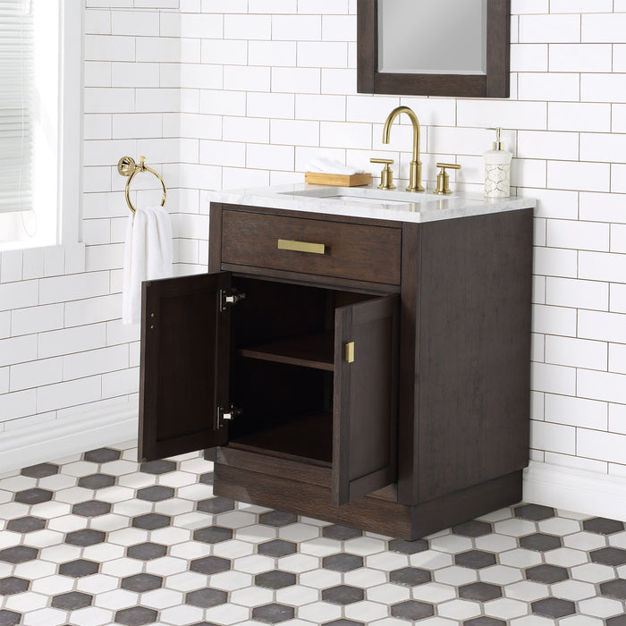 Brown Oak 30 Inch Meadow Single Sink Vanity with Carrara Marble Countertop & Gooseneck Faucet