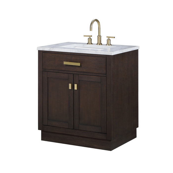 Brown Oak 30 Inch Meadow Single Sink Vanity with Carrara Marble Countertop & Gooseneck Faucet