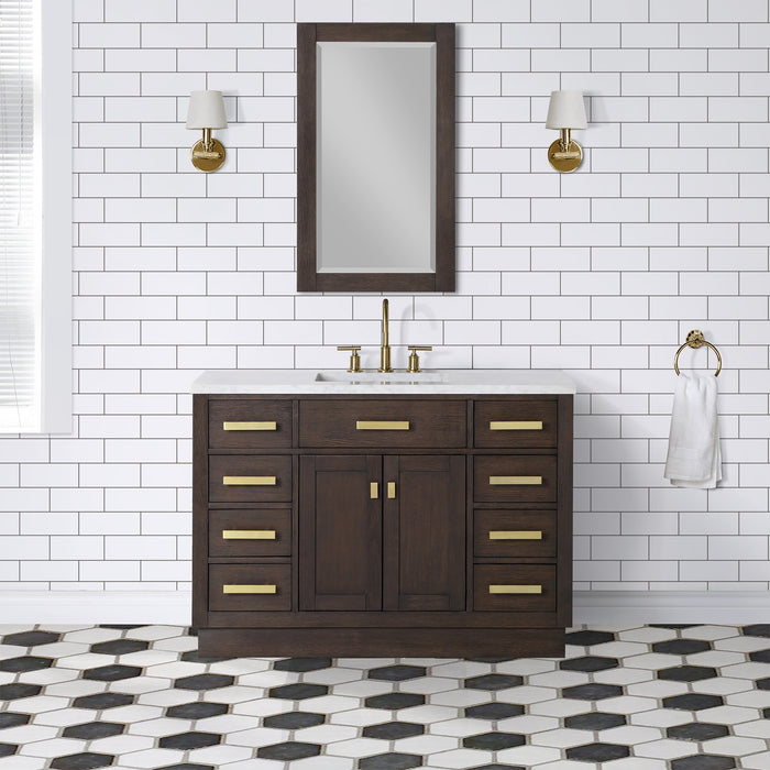 Nacre 48 Inch Brown Oak Bathroom Vanity with White Marble Countertop & Gold Faucet