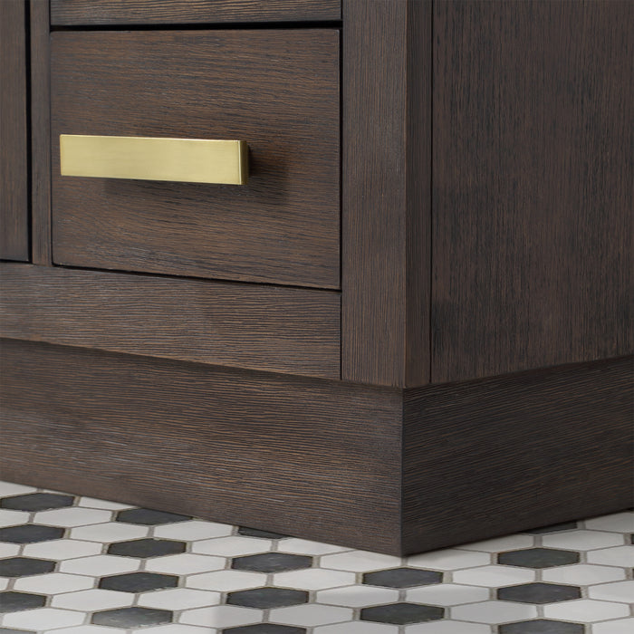 48" Mystique Brown Oak Single Sink Bathroom Vanity Carrara White Marble Countertop Satin Gold Hardware