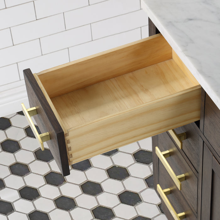 Nacre 48 Inch Brown Oak Bathroom Vanity with White Marble Countertop & Gold Faucet
