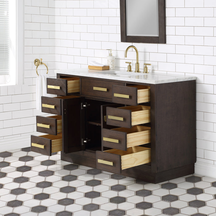 Nacre 48 Inch Brown Oak Bathroom Vanity with White Marble Countertop & Gold Faucet