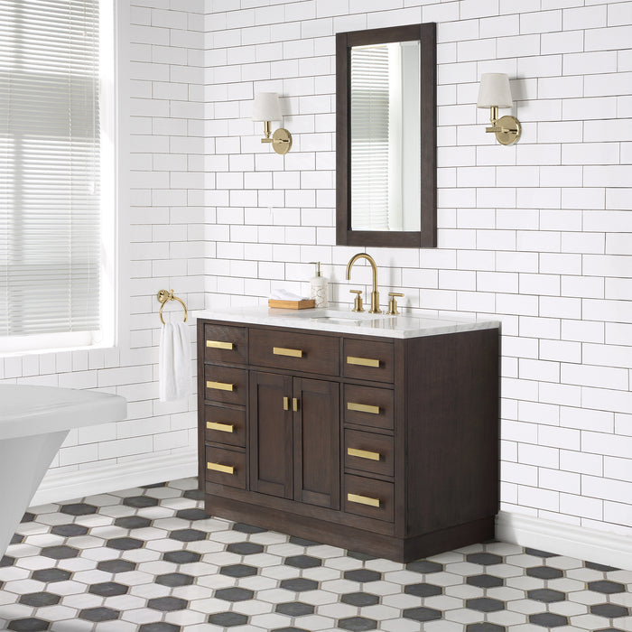 Nacre 48 Inch Brown Oak Bathroom Vanity with White Marble Countertop & Gold Faucet