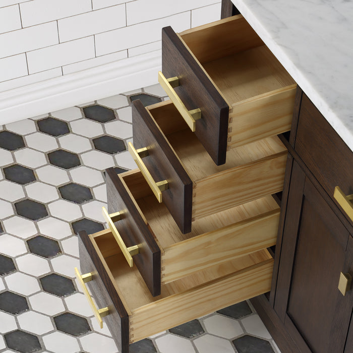 Nacre 48 Inch Brown Oak Bathroom Vanity with White Marble Countertop & Gold Faucet