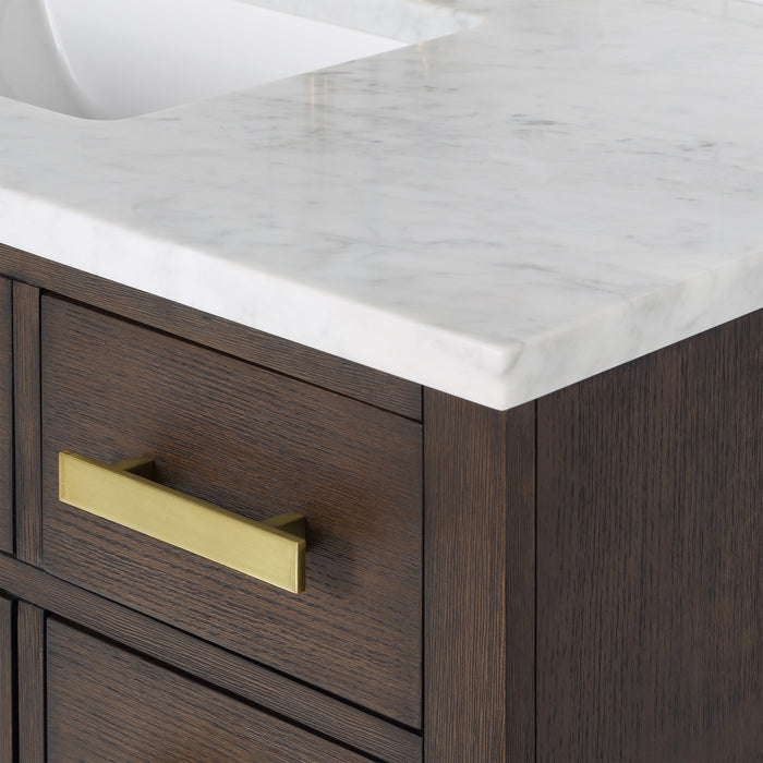 48" Mystique Brown Oak Single Sink Bathroom Vanity Carrara White Marble Countertop Satin Gold Hardware