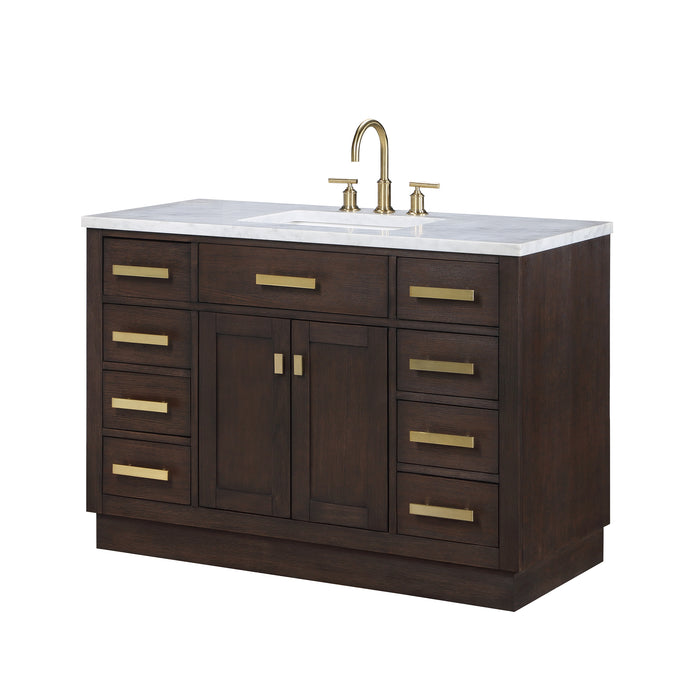 Nacre 48 Inch Brown Oak Bathroom Vanity with White Marble Countertop & Gold Faucet