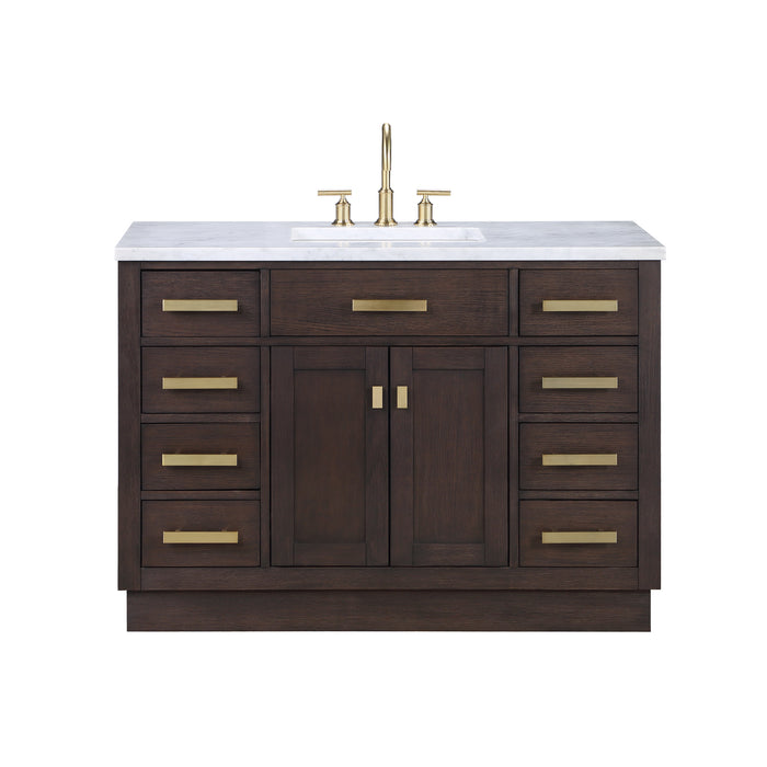 Nacre 48 Inch Brown Oak Bathroom Vanity with White Marble Countertop & Gold Faucet
