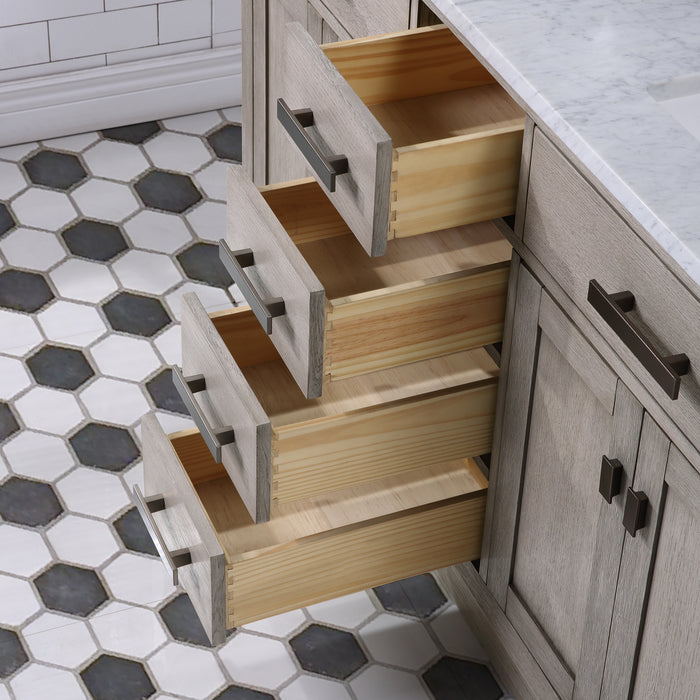 60 Inch Grey Oak Onyx Double Sink Bathroom Vanity Set - Carrara Marble Top with Mirror & Faucets