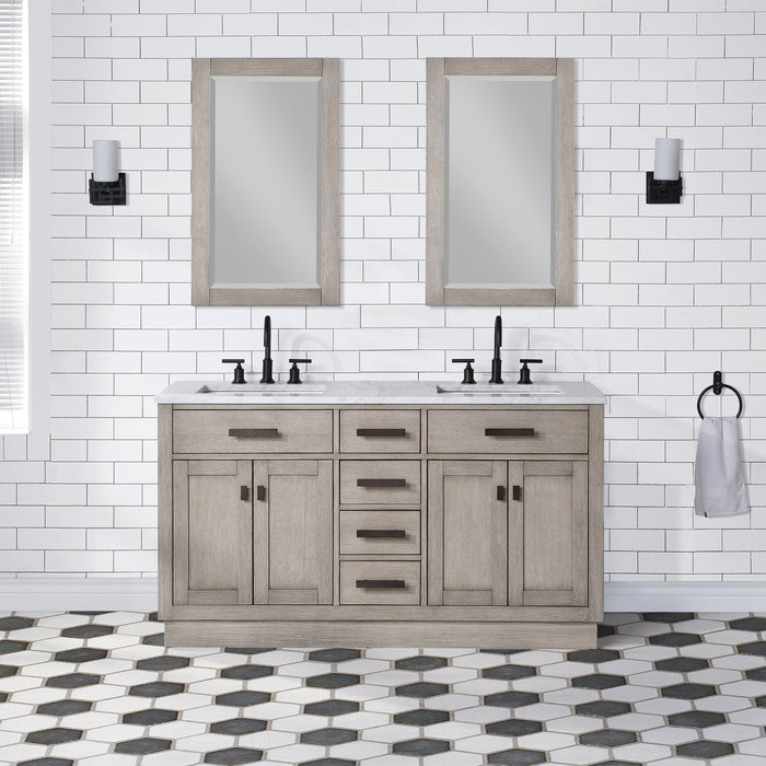 60 Inch Grey Oak Onyx Double Sink Bathroom Vanity Set - Carrara Marble Top with Mirror & Faucets